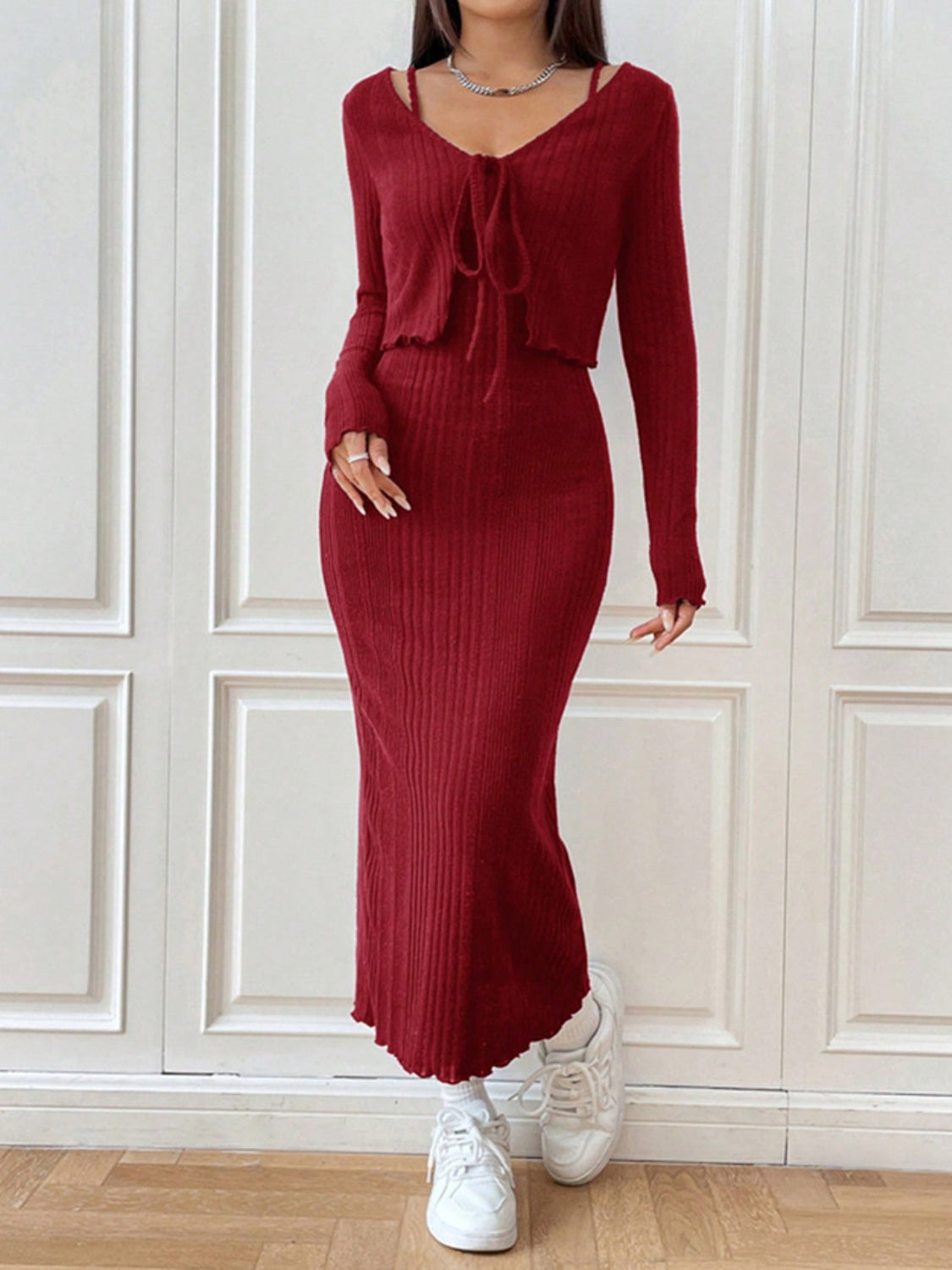 Cami Dress and Tied Long Sleeve Cardigan Set Che' Bella Cami Dress and Tied Long Sleeve Cardigan Set Che' Bella